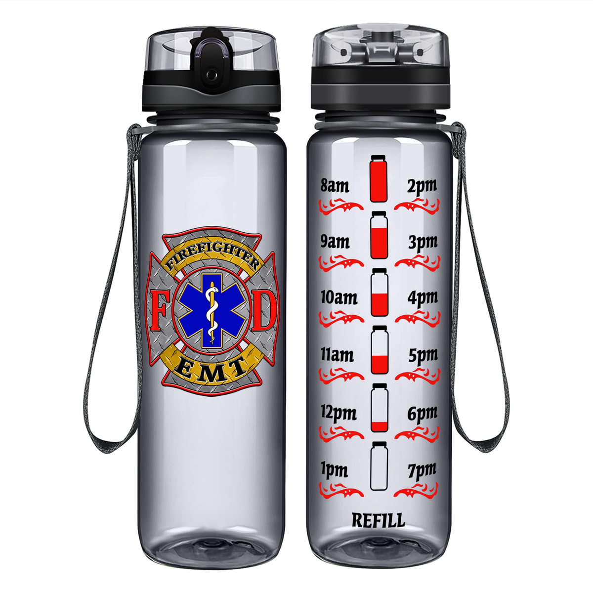 EMT Firefighter FD Badge on 32 oz Motivational Tracking Water Bottle