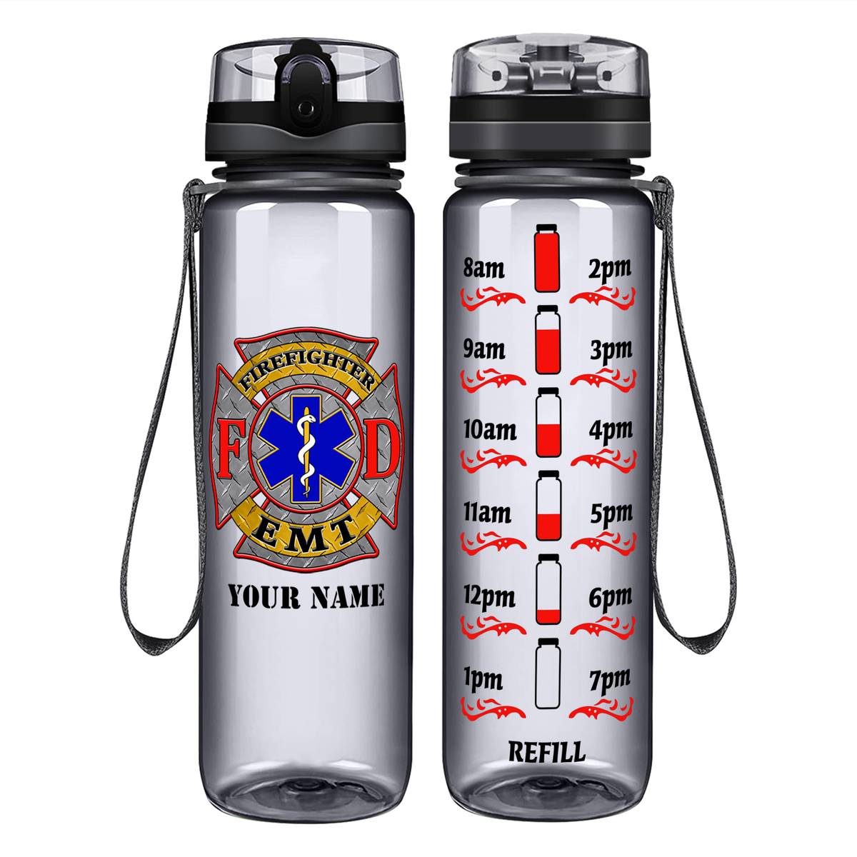 Personalized EMT Firefighter FD Badge on 32 oz Motivational Tracking Water Bottle