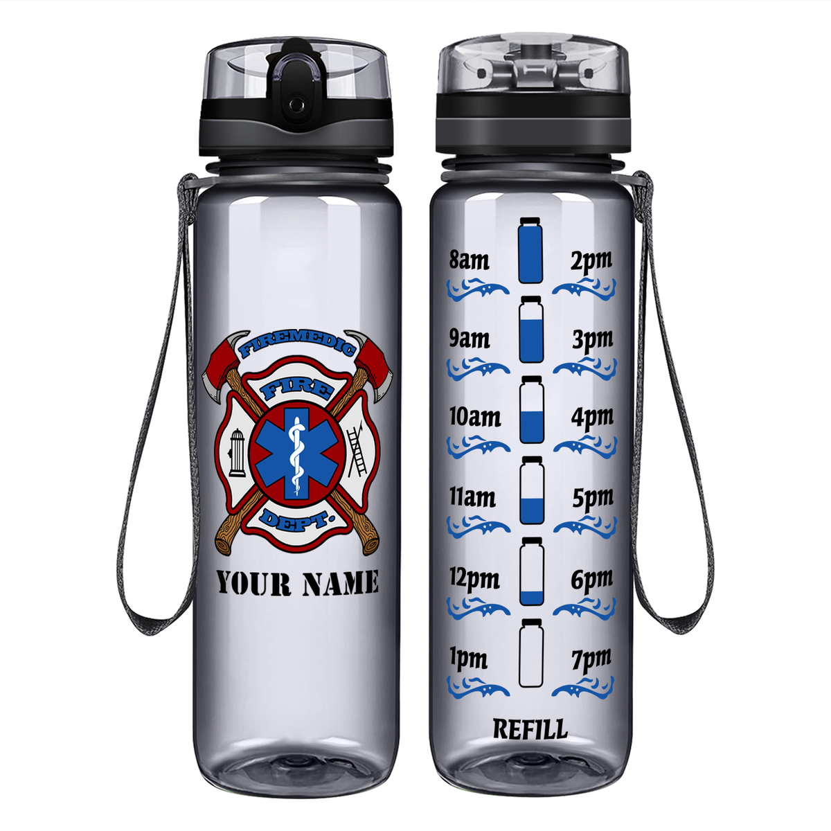Personalized Firemedic Fire Department Badge on 32 oz Motivational Tracking Water Bottle