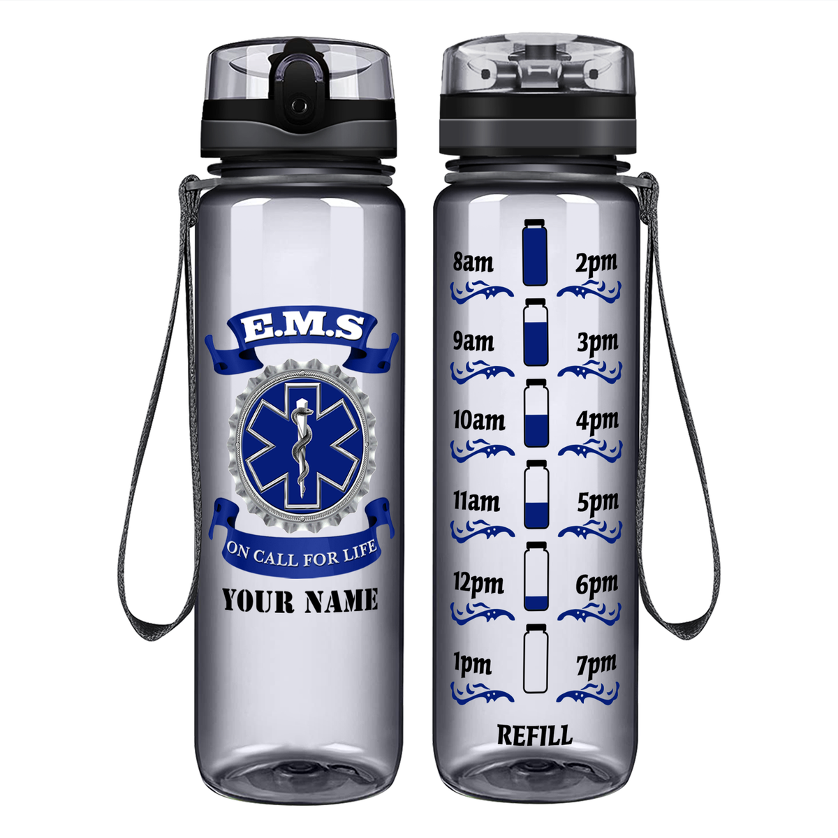 Personalized EMS Blue on Call for LIFE on 32 oz Motivational Tracking Water Bottle