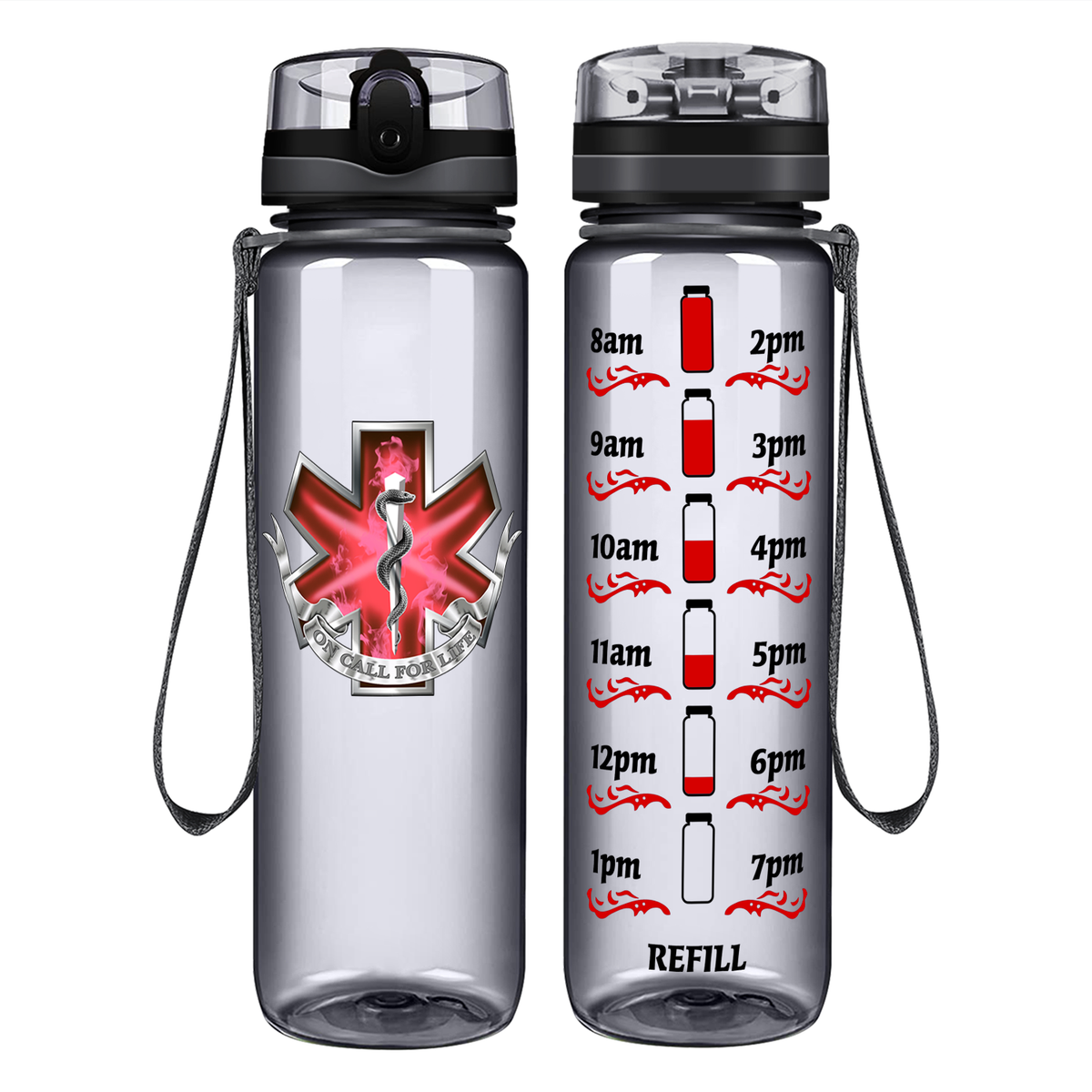 EMT EMS On Call for Life Red Badge on 32 oz Motivational Tracking Water Bottle
