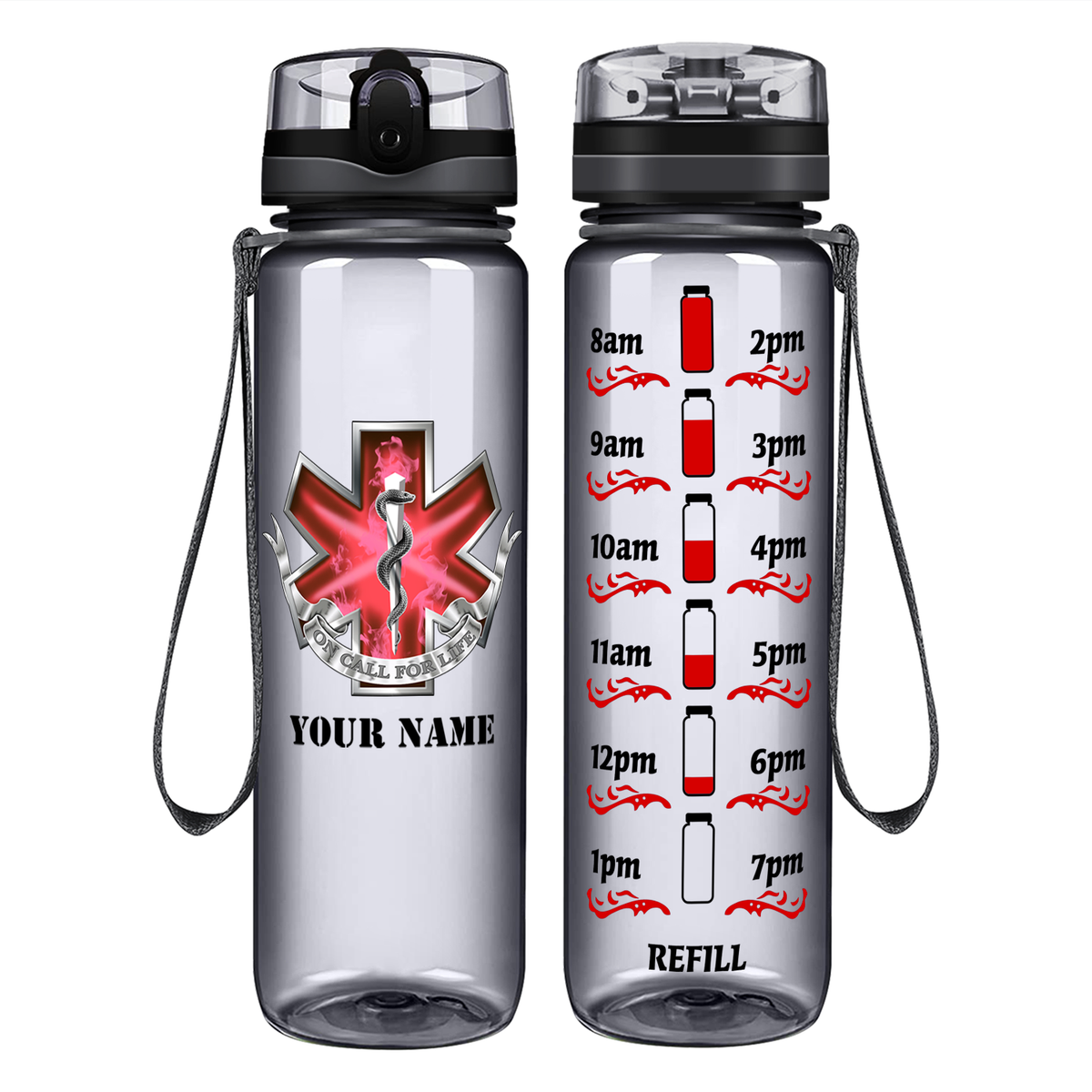 Personalized EMT EMS On Call for Life Red Badge on 32 oz Motivational Tracking Water Bottle