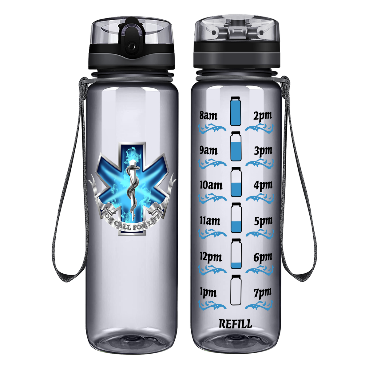 EMT EMS On Call for Life Blue Badge on 32 oz Motivational Tracking Water Bottle