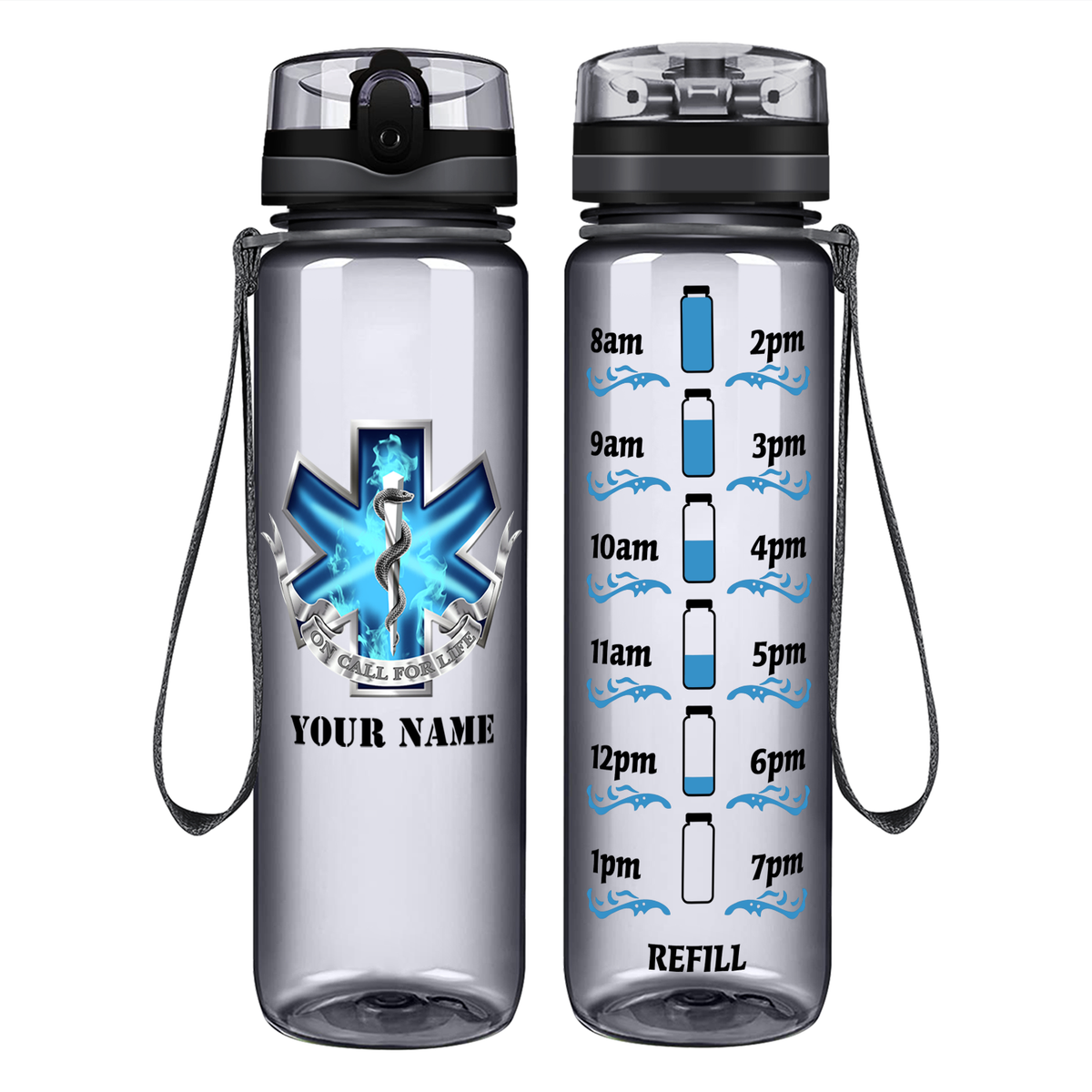 Personalized EMT EMS On Call for Life Blue Badge on 32 oz Motivational Tracking Water Bottle