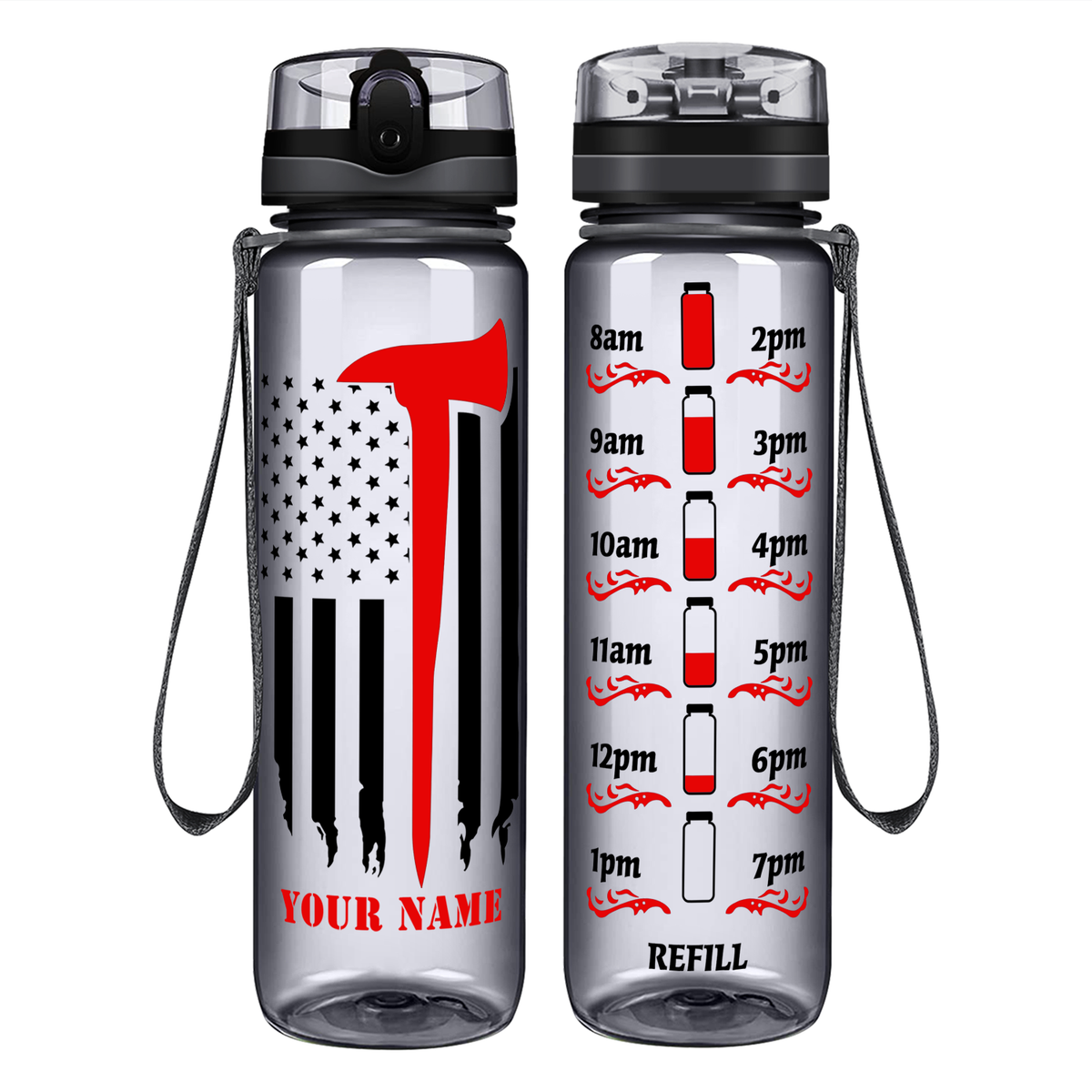 Personalized Firefighter Axe Flag on 32 oz Motivational Tracking Water Bottle