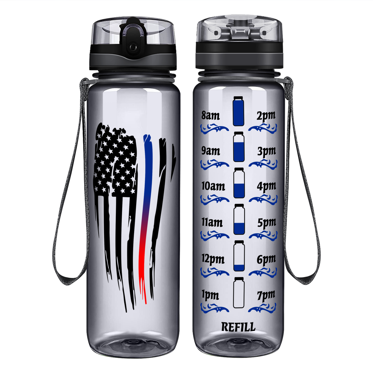 Wavy Blue Red Thin Line Flag on 32 oz Motivational Tracking Water Bottle