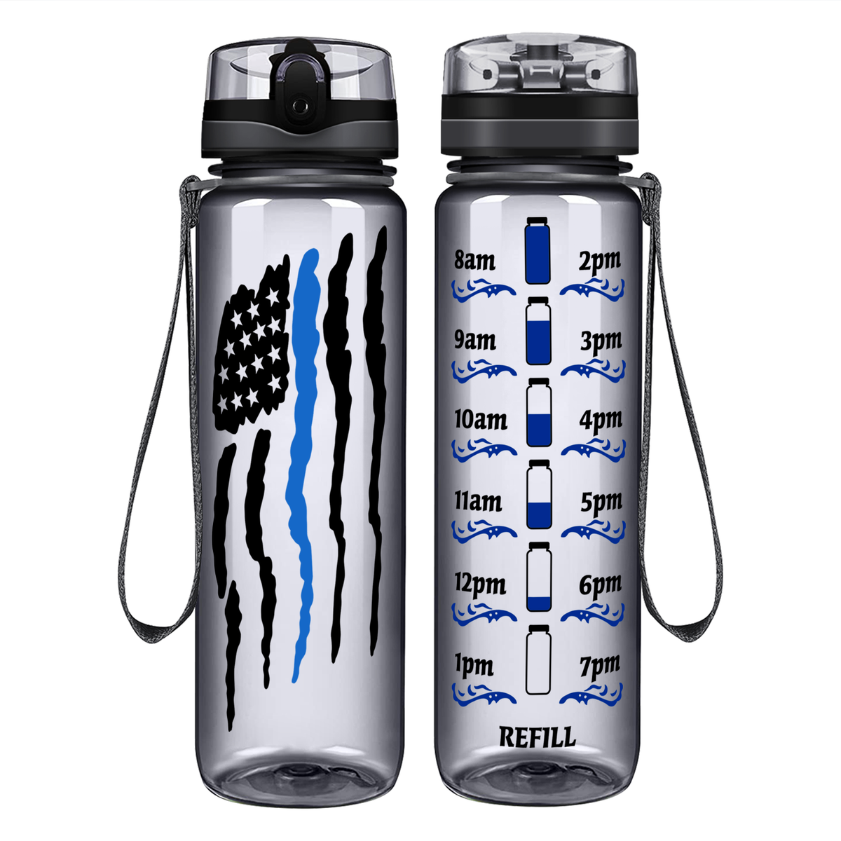 Thin Blue Line Police Flag on 32 oz Motivational Tracking Water Bottle
