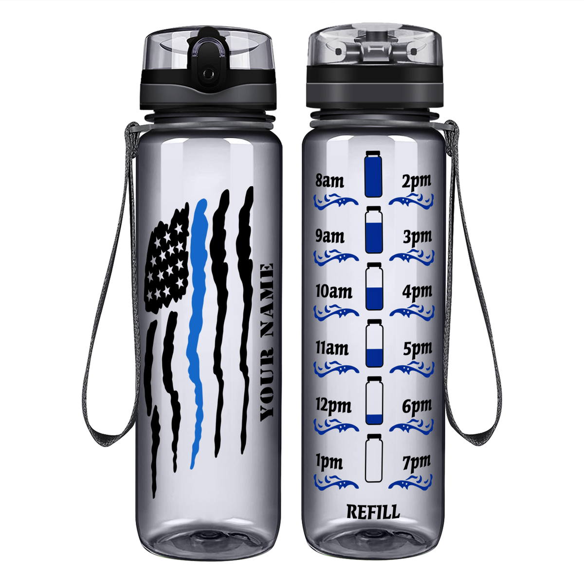 Personalized Thin Blue Line Police Flag on 32 oz Motivational Tracking Water Bottle