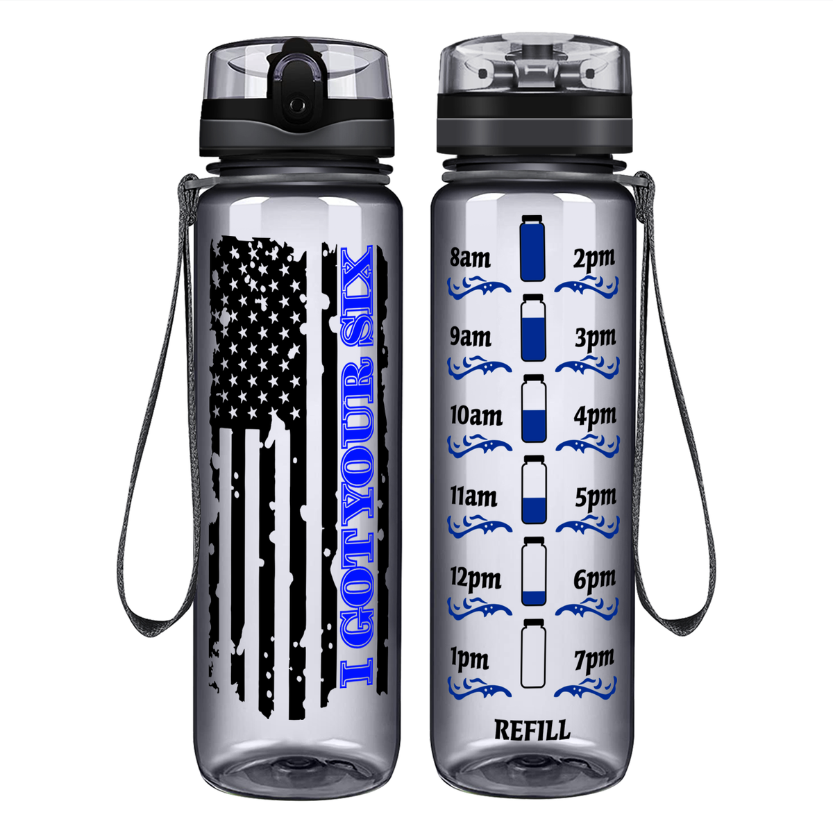 I Got Your Six Distressed Thin Blue Line Flag on 32 oz Motivational Tracking Water Bottle