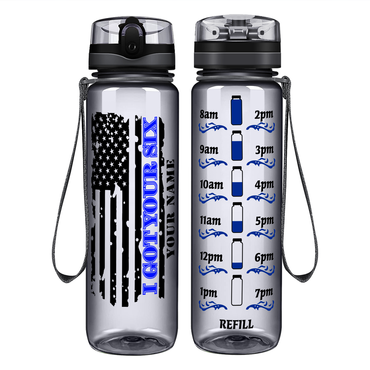 Personalized I Got Your Six Distressed Thin Blue Line Flag on 32 oz Motivational Tracking Water Bottle