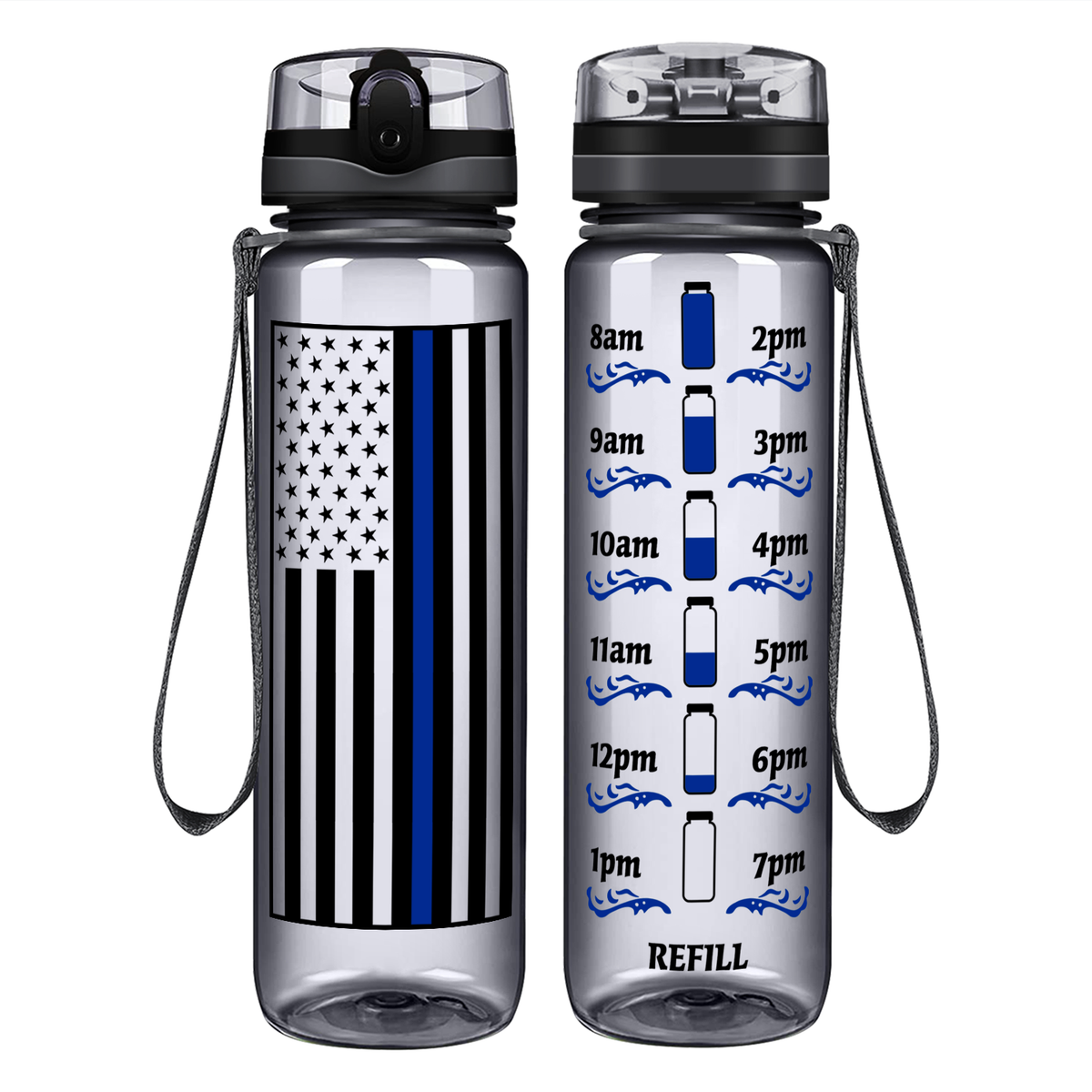 Thin Blue Line Flag on 32 oz Motivational Tracking Water Bottle