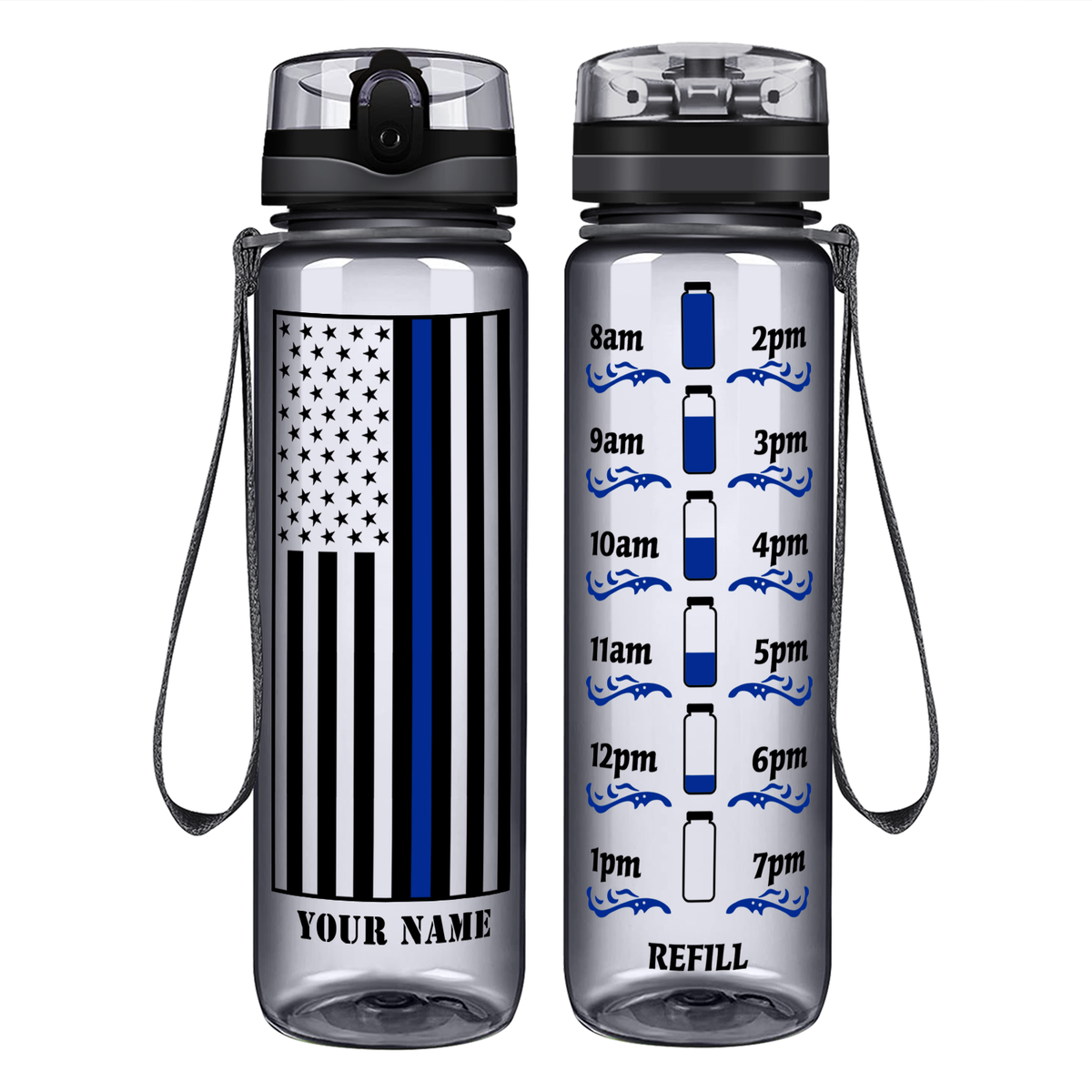 Personalized Thin Blue Line Flag on 32 oz Motivational Tracking Water Bottle