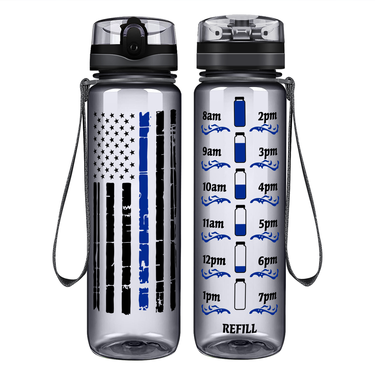 Distressed Thin Blue Line Flag on 32 oz Motivational Tracking Water Bottle