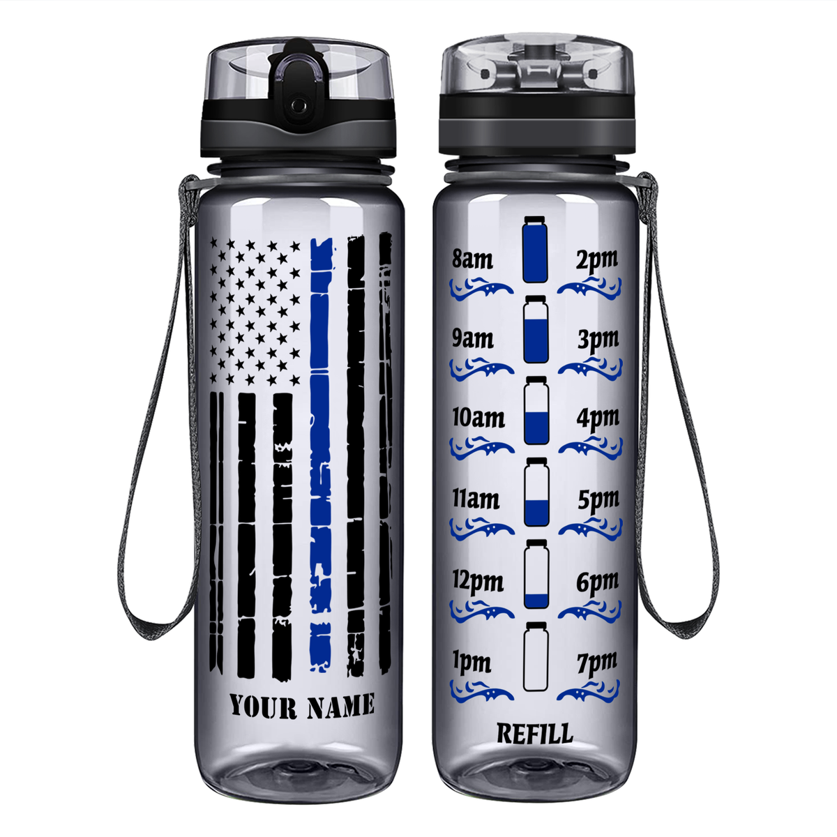 Personalized Distressed Thin Blue Line Flag on 32 oz Motivational Tracking Water Bottle