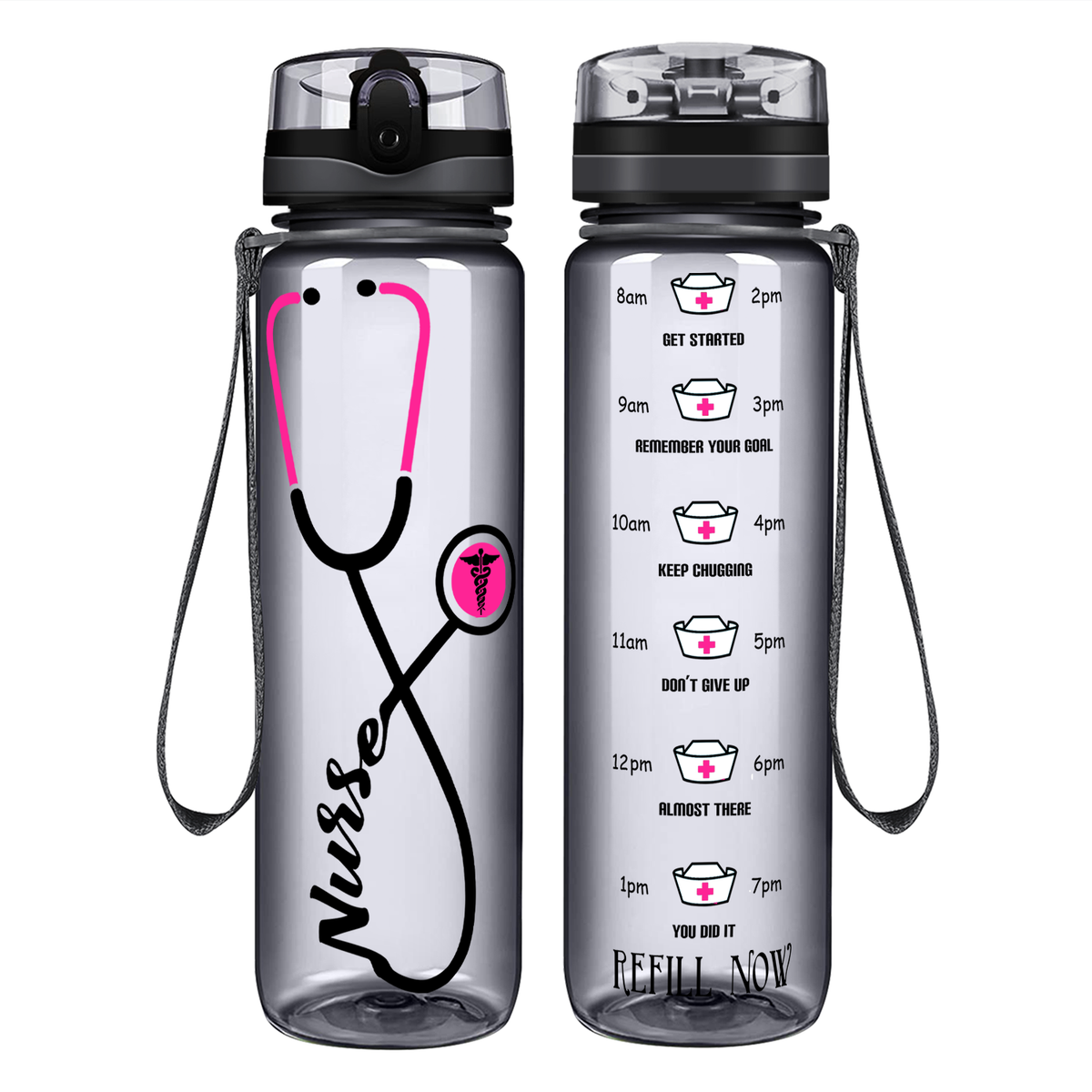 Personalized Nurse Pink Stethoscope on 32oz Motivational Tracking Water Bottle