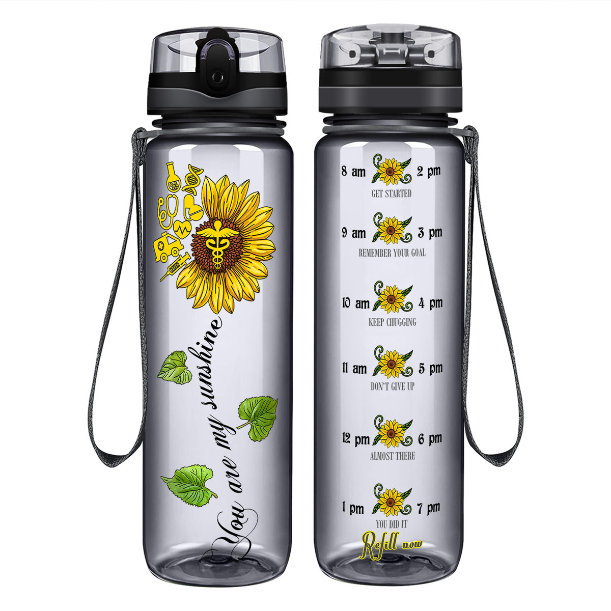 Nurse My Sunshine Sunflower on 32oz Motivational Tracking Water Bottle