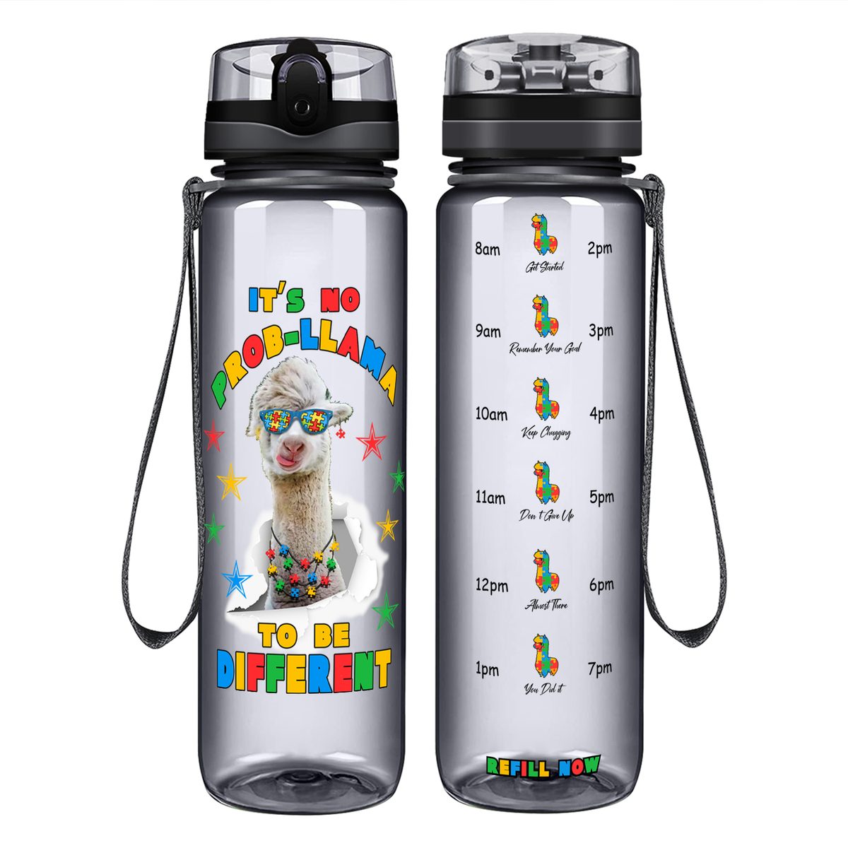 No Prob-llama Autism Stars on 32 oz Motivational Tracking Water Bottle