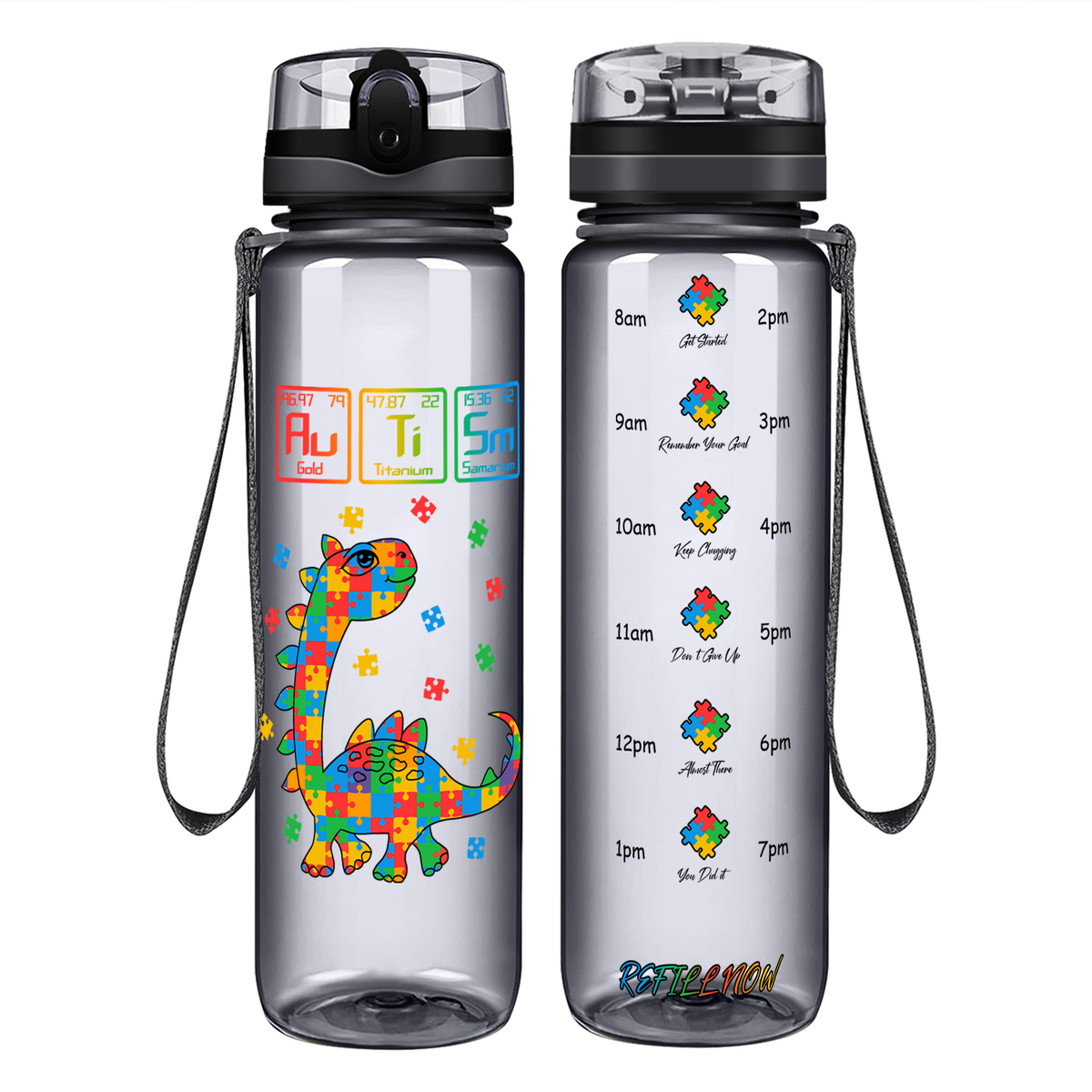 Scientific Autism Dinosaur Puzzle on 32 oz Motivational Tracking Water Bottle