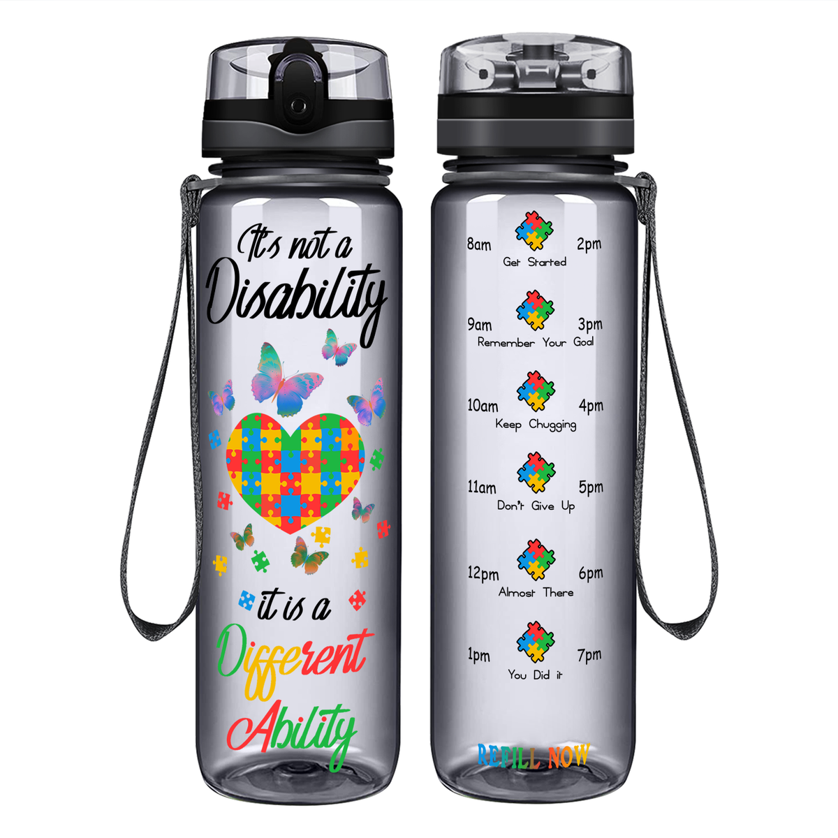Autism Colorful Butterfly Different Ability on 32 oz Motivational Tracking Water Bottle