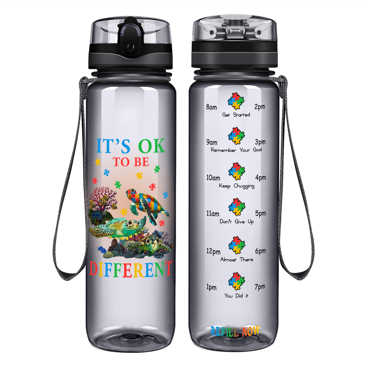 Okay To Be Different Autism Turtle on 32 oz Motivational Tracking Water Bottle