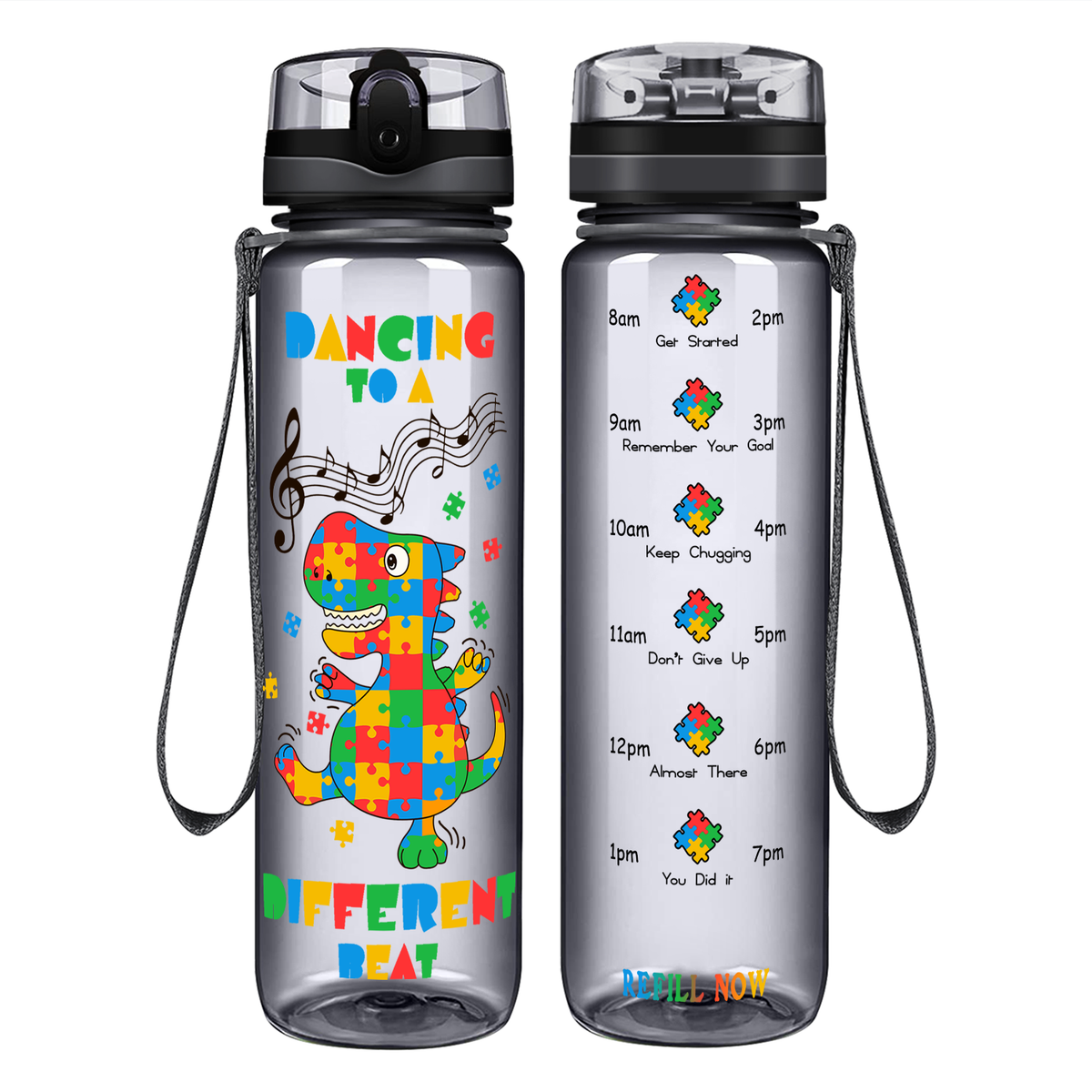 Dancing Dino Different Beat Autism on 32 oz Motivational Tracking Water Bottle