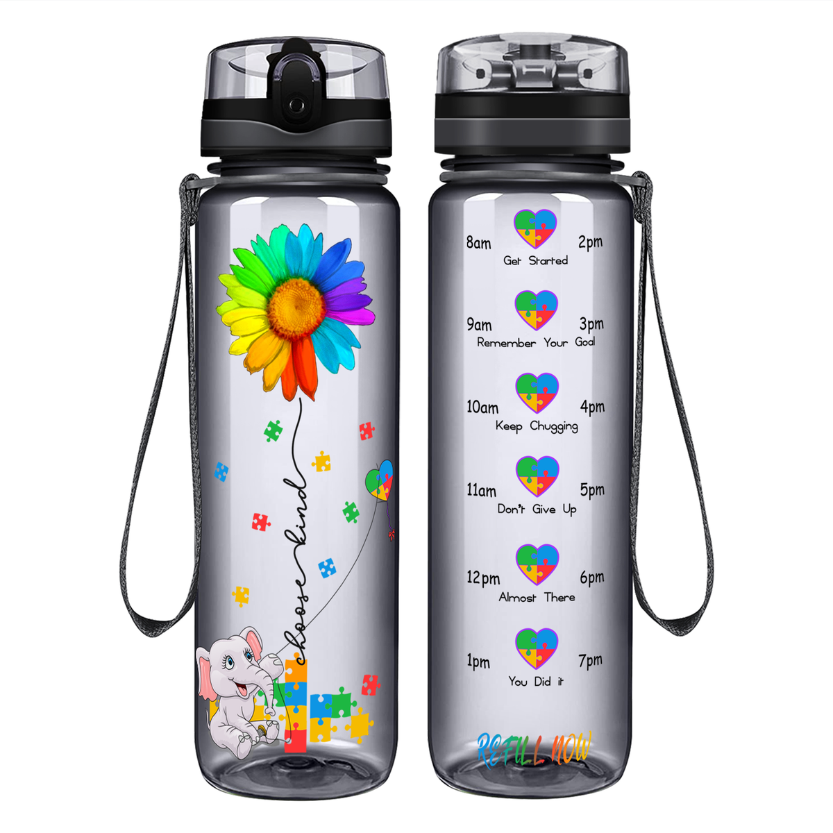 Autism Elephant Kindness Kite on 32 oz Motivational Tracking Water Bottle