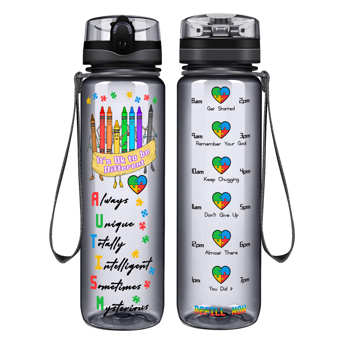 Colorful Autism Crayons on 32 oz Motivational Tracking Water Bottle