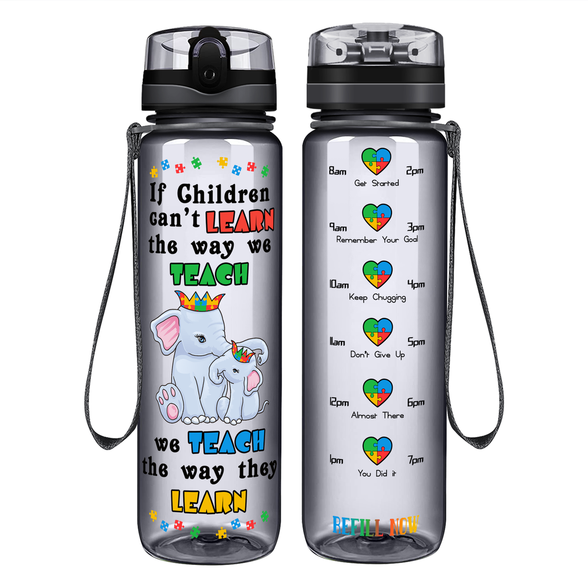 Teach The Way They Learn Elephants on 32 oz Motivational Tracking Autism Water Bottle