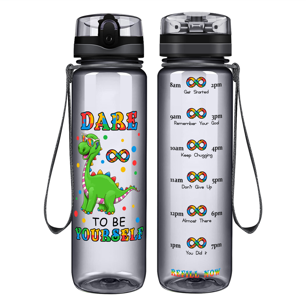 Dinosaur Dare To Be Yourself on 32 oz Motivational Tracking Autism Water Bottle
