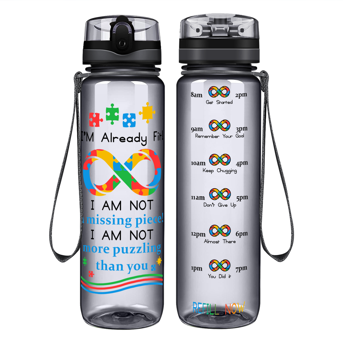 Already Fit Autism Infinity Puzzle on 32 oz Motivational Tracking Water Bottle