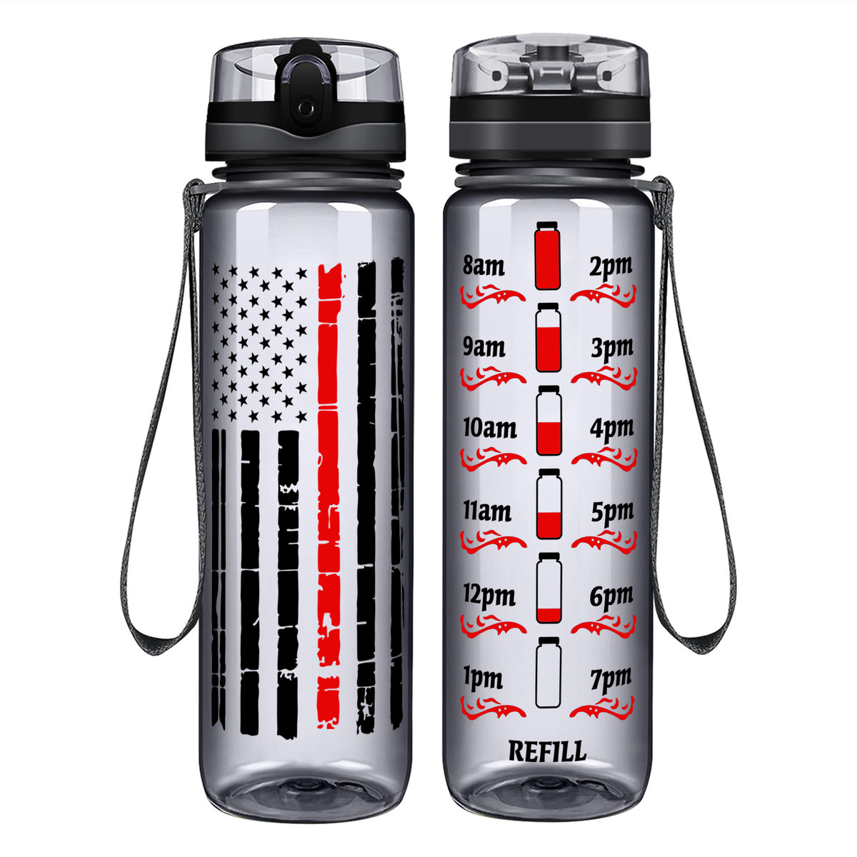 Distressed Thin Red Line Flag on 32 oz Motivational Tracking Water Bottle