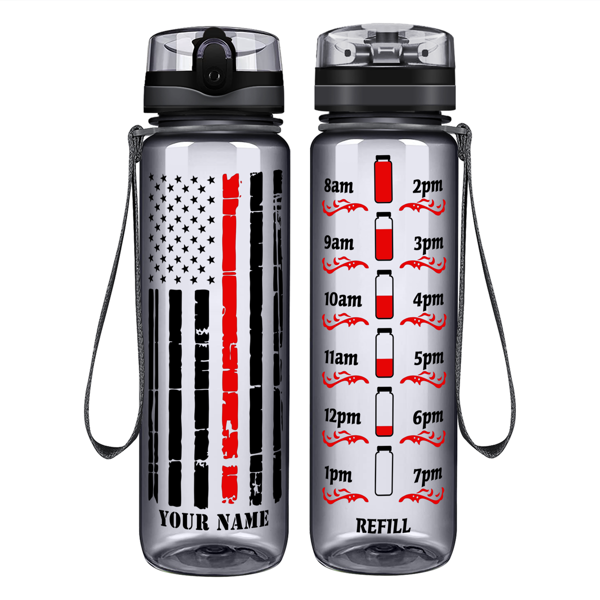 Personalized Distressed Thin Red Line Flag on 32 oz Motivational Tracking Water Bottle