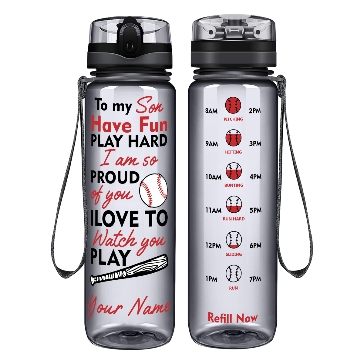 Personalized Play Hard Son Baseball on 32 oz Motivational Tracking Water Bottle