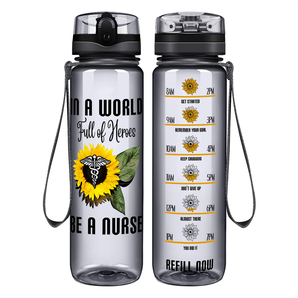 In a World Full of Heroes be a Nurse on 32oz Motivational Tracking Water Bottle