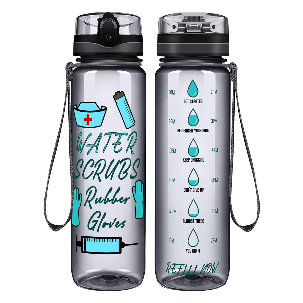 Water Scrubs Rubber Gloves Nurse on 32oz Motivational Tracking Water Bottle