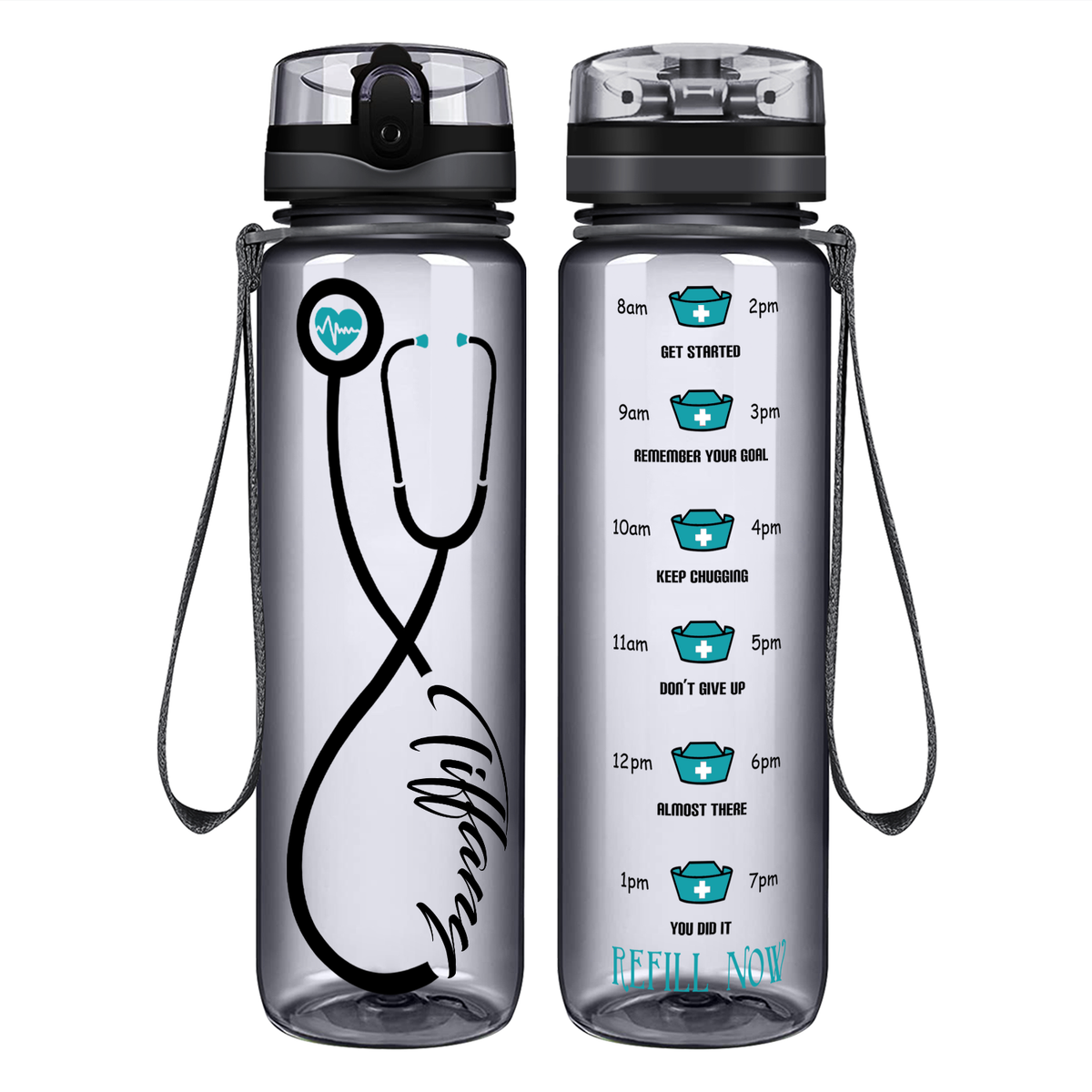 Personalized Nurse Stethoscope Seafoam on 32oz Motivational Tracking Water Bottle