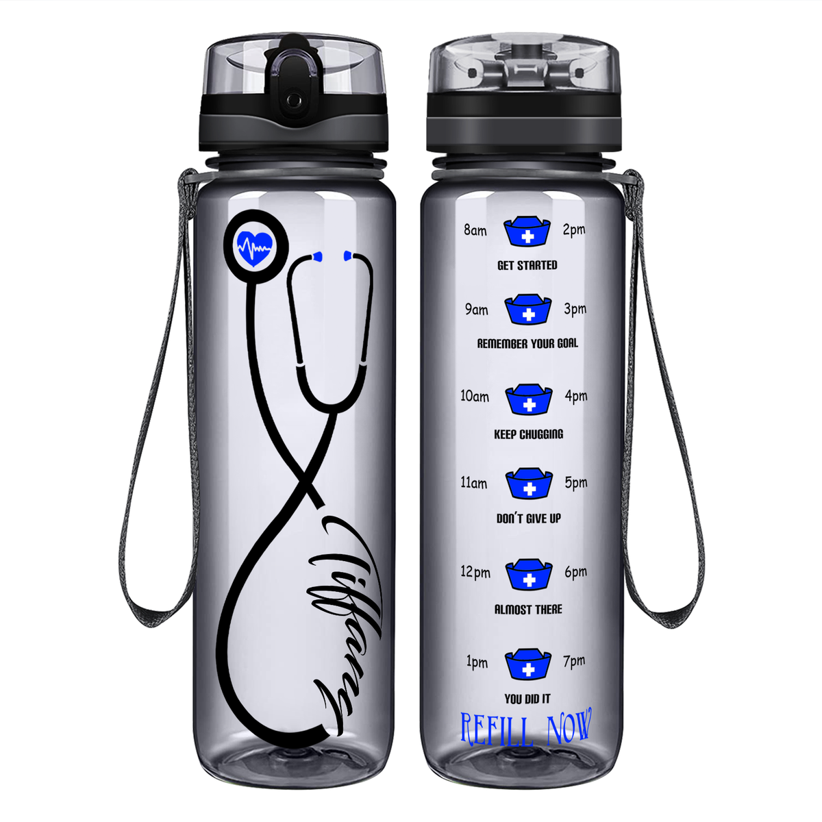 Personalized Nurse Stethoscope Blue on 32oz Motivational Tracking Water Bottle
