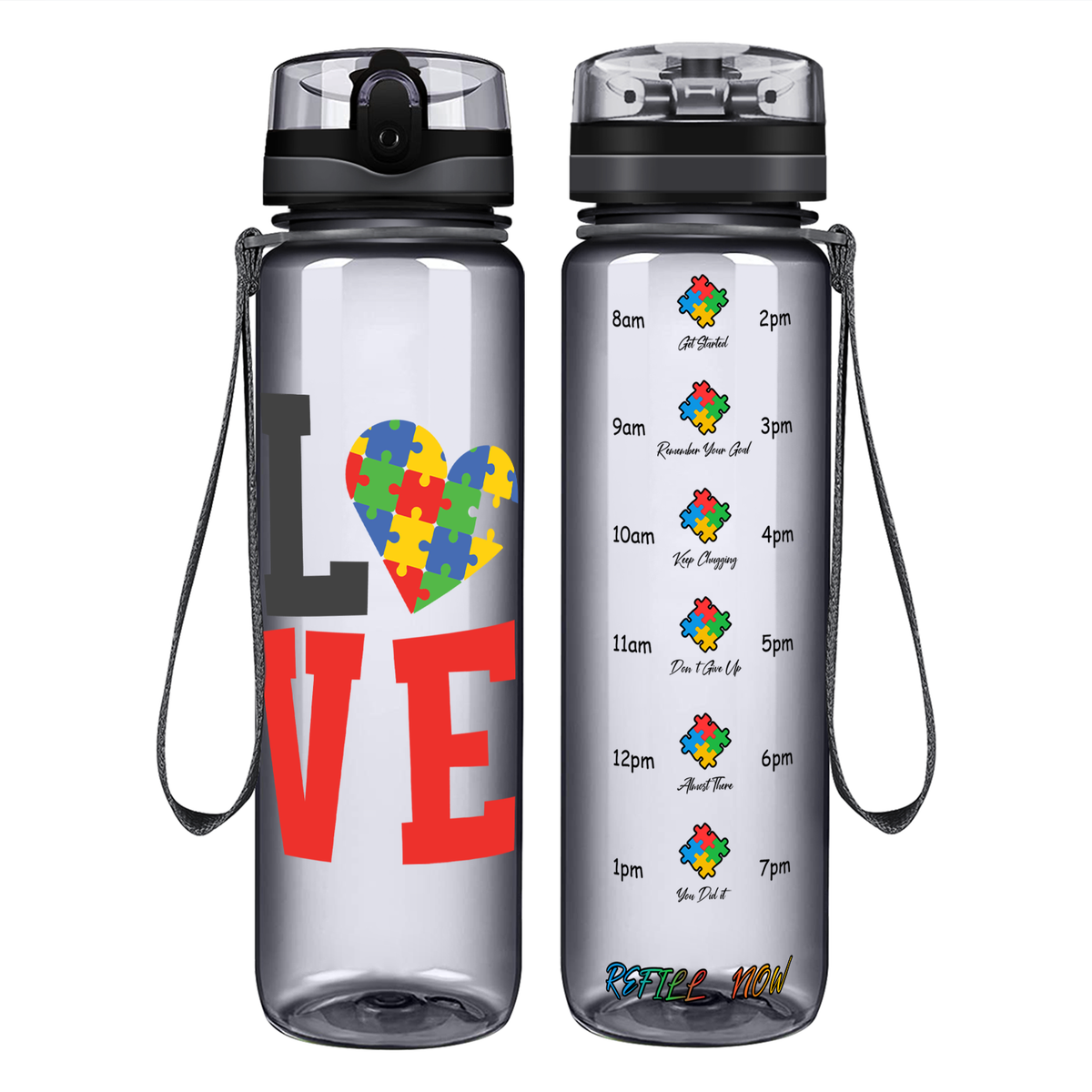 Autism Love on 32 oz Motivational Tracking Water Bottle