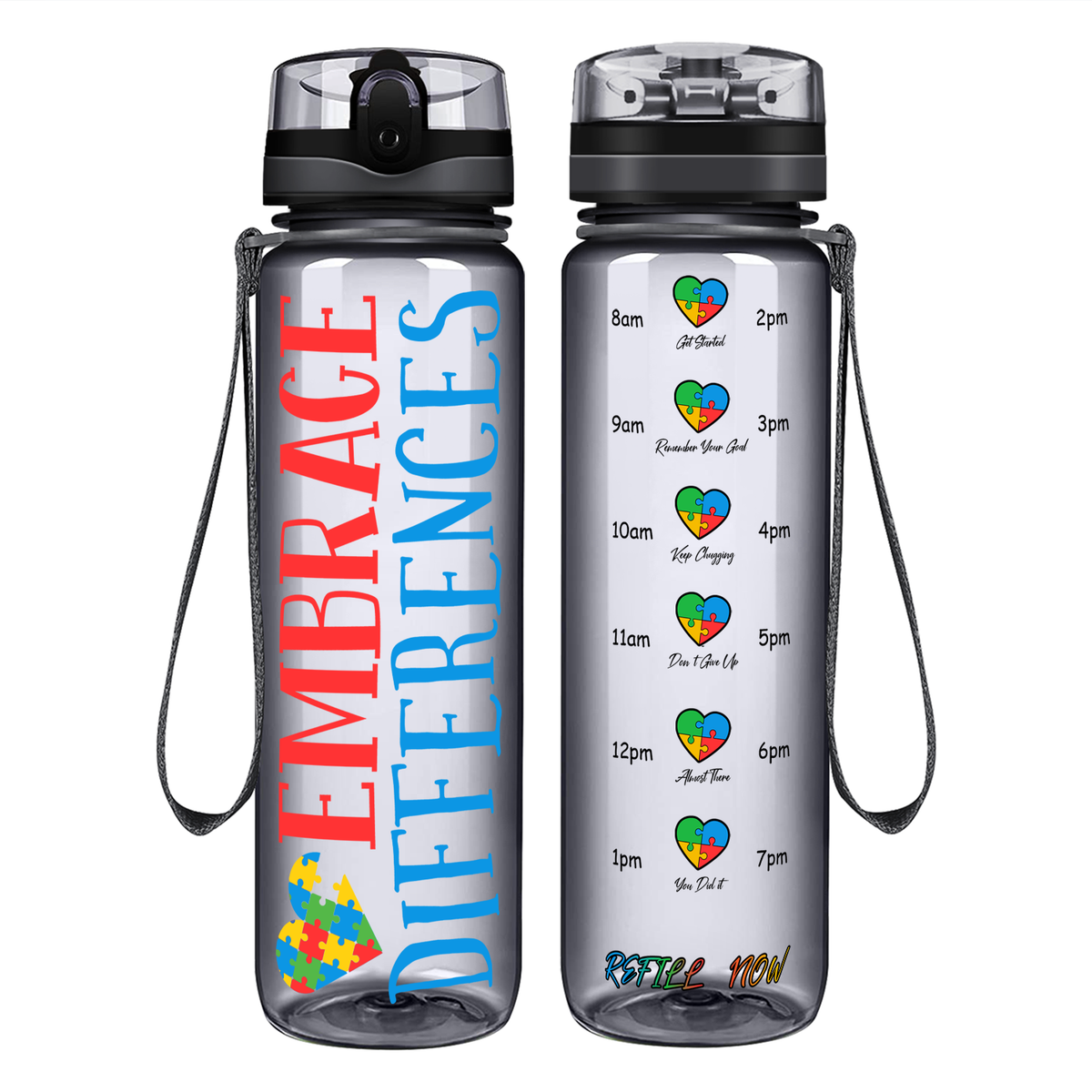 Embrace Differences on 32 oz Motivational Tracking Autism Water Bottle