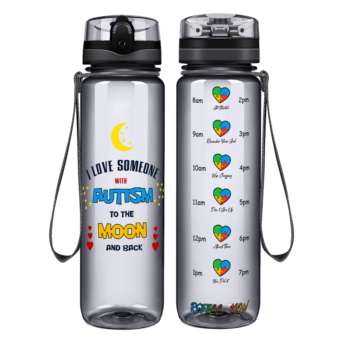 I Love Someone with Autism on 32 oz Motivational Tracking Water Bottle