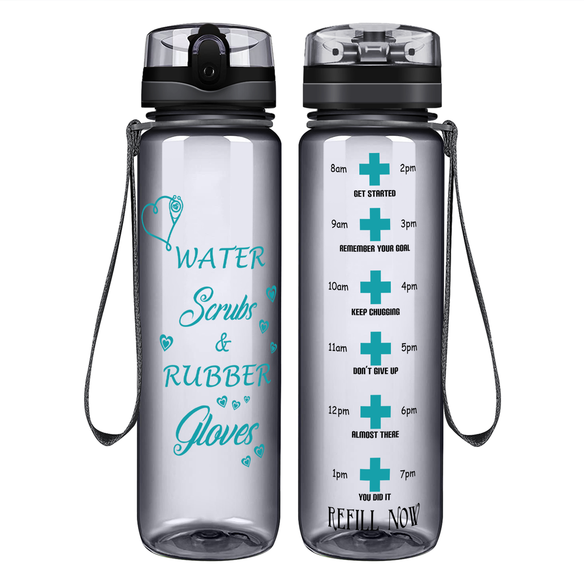Water Scrubs and Rubber Gloves on 32oz Motivational Tracking Nurse Water Bottle