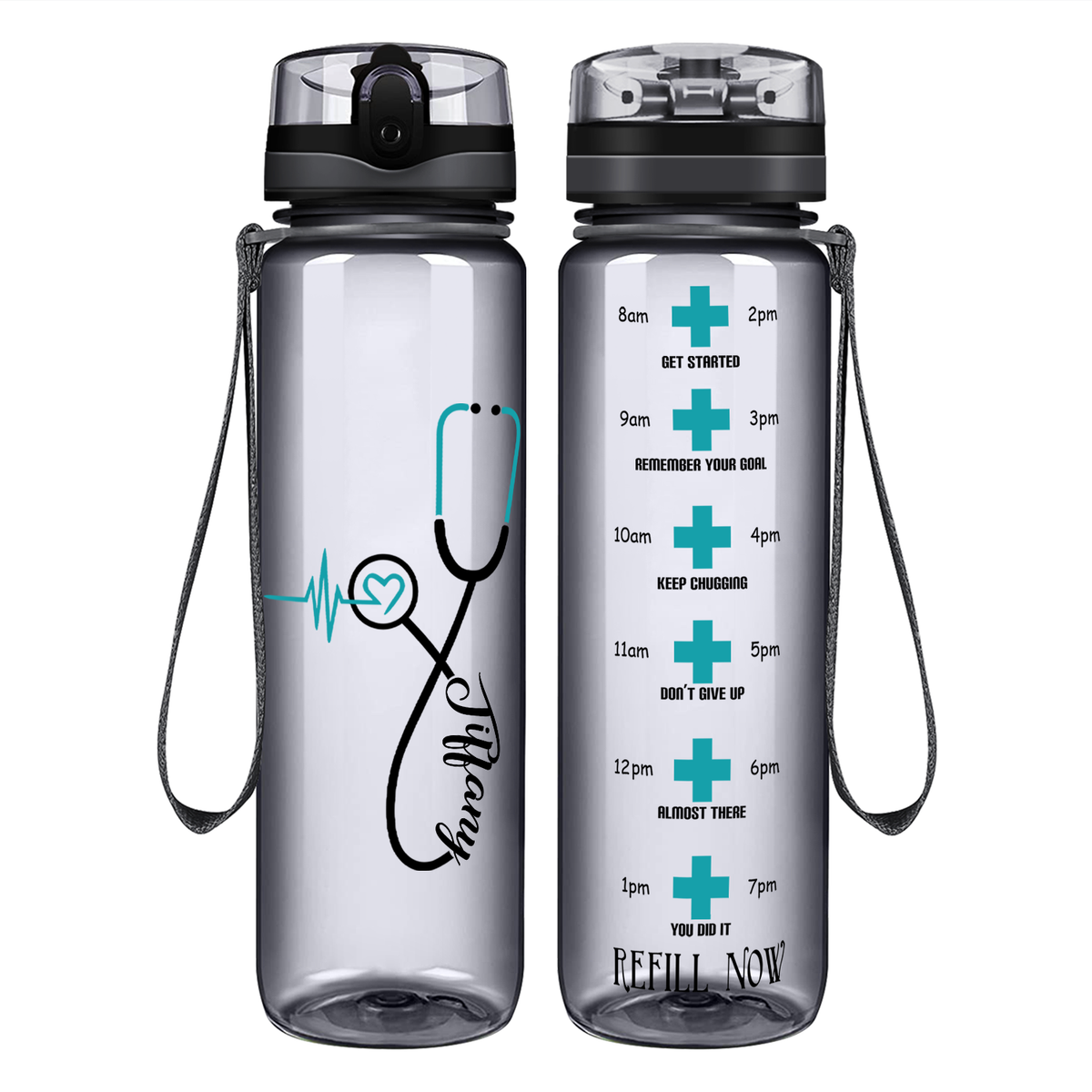 Personalized Seafoam Heart Nursing Stethoscope on 32oz Motivational Tracking Water Bottle