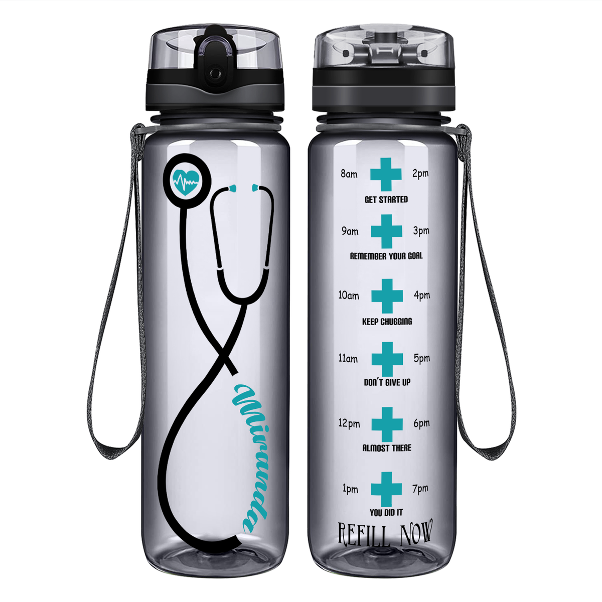 Personalized Heartbeat Nurse Stethoscope on 32oz Motivational Tracking Water Bottle