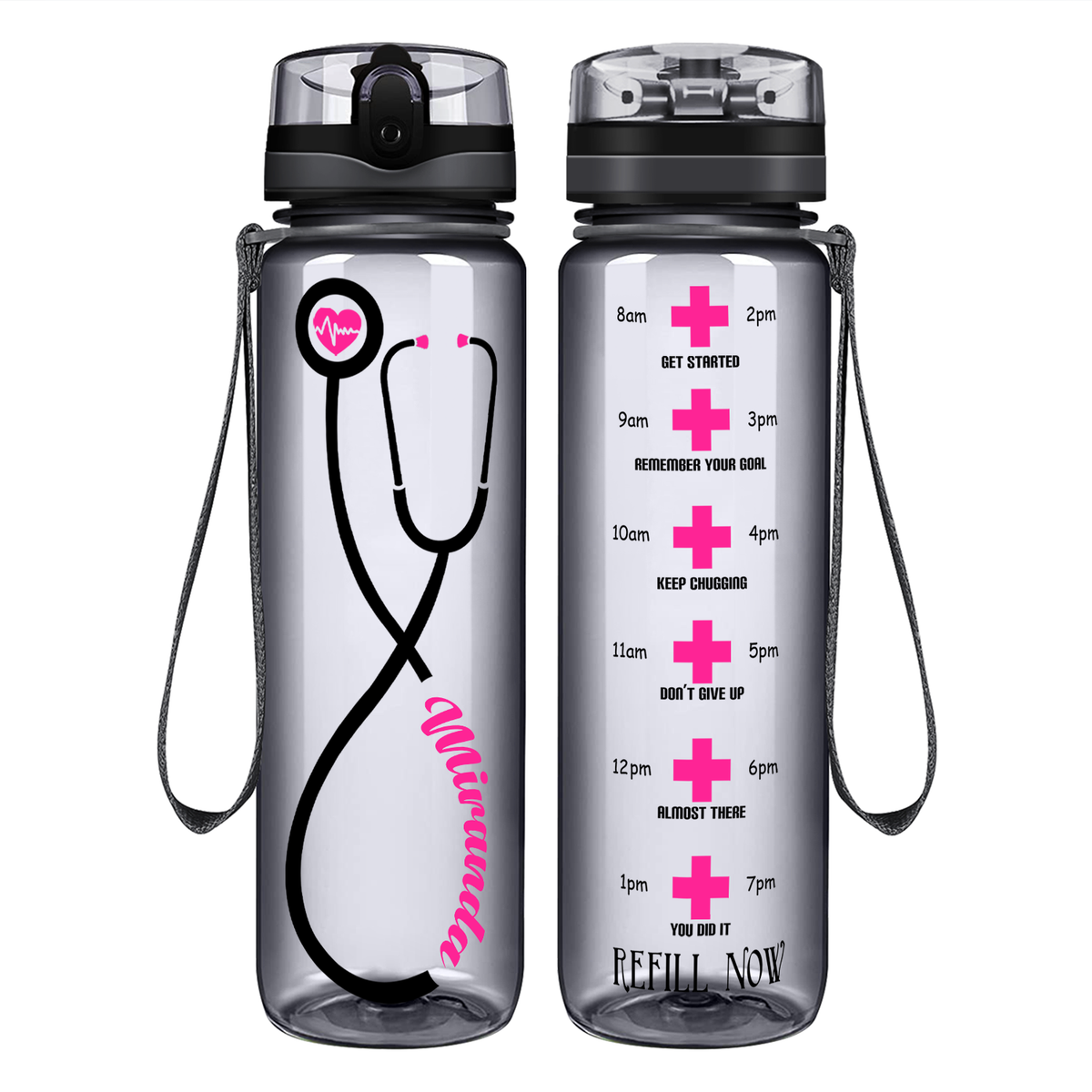 Personalized Heartbeat Nurse Pink Stethoscope on 32oz Motivational Tracking Water Bottle