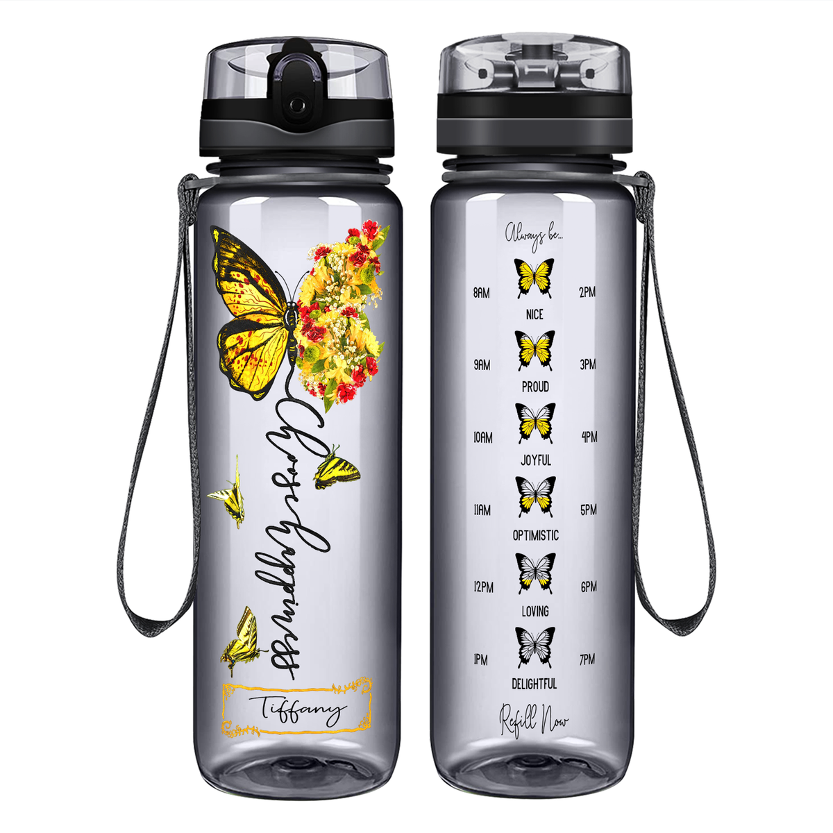 Personalized Choose Happiness Yellow Butterfly on 32 oz Motivational Tracking Water Bottle