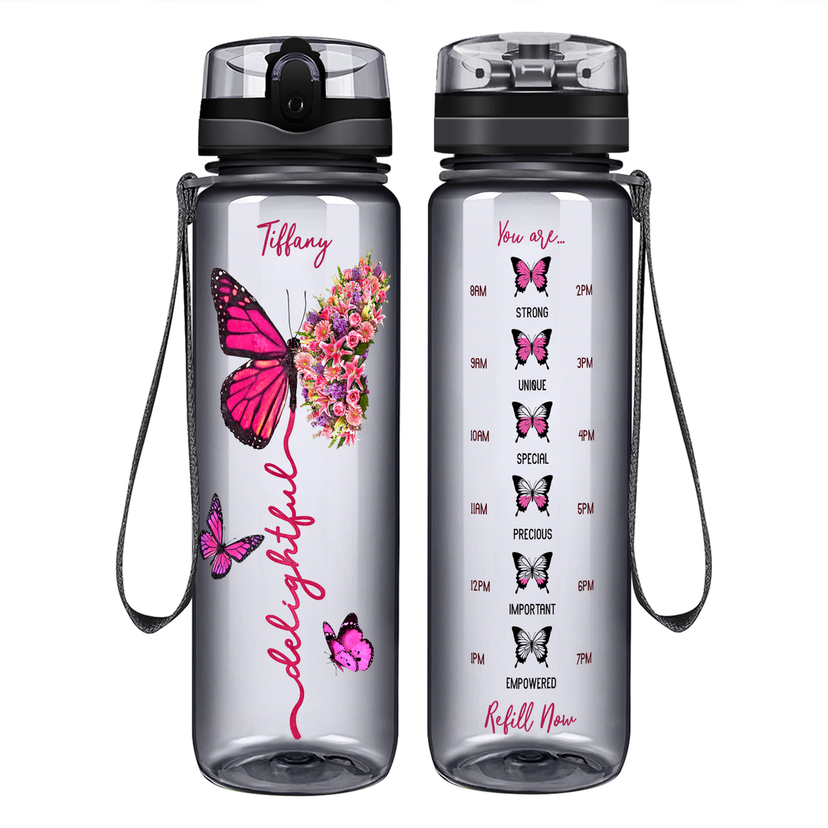 Personalized Delightful Inspirational Pink Butterfly on 32 oz Motivational Tracking Water Bottle