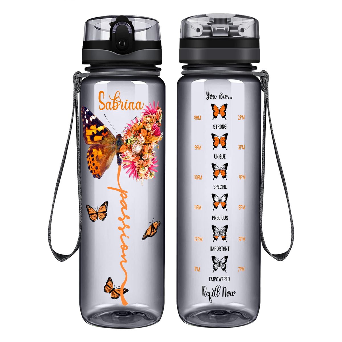 Personalized Passion Inspirational Peach Butterfly on 32 oz Motivational Tracking Water Bottle