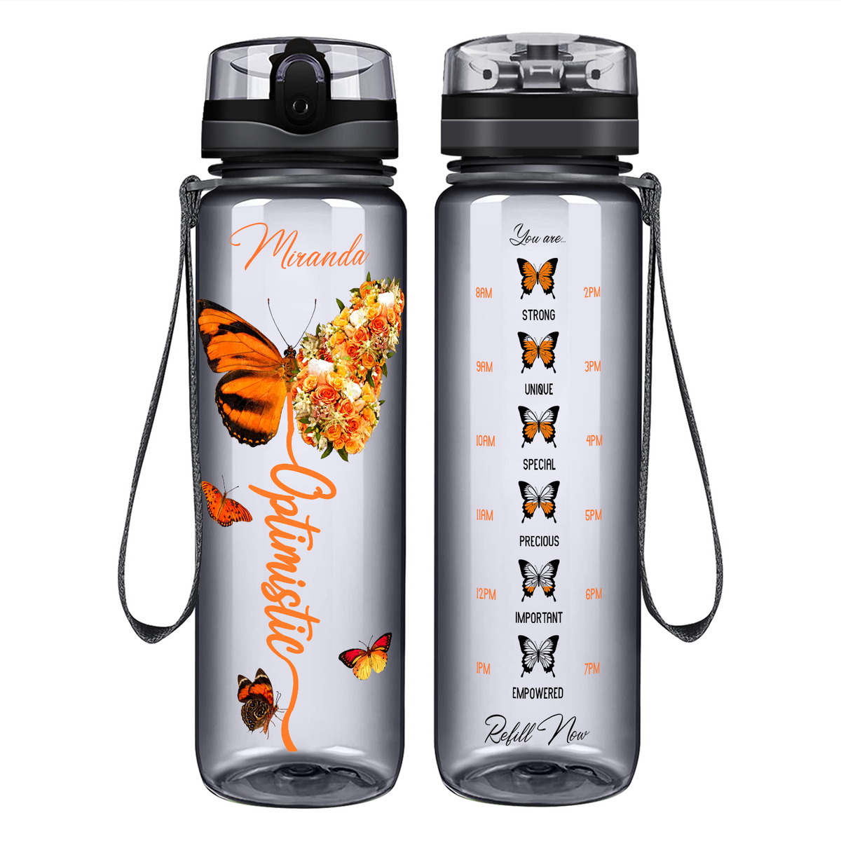Personalized Optimistic Inspirational Orange Butterfly on 32 oz Motivational Tracking Water Bottle