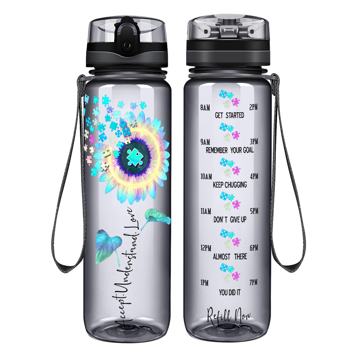 Accept Understand Love Autism Sunflower 32 oz Motivational Tracking Water Bottle
