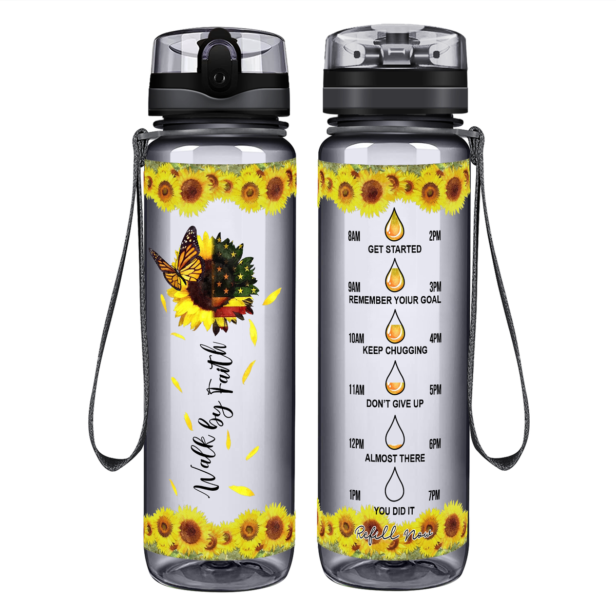 Walk by Faith American Sunflower on 32 oz Motivational Tracking Water Bottle